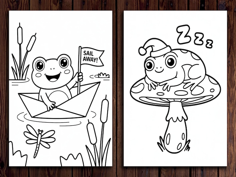 May include: Two black and white illustrations of frogs. One frog is in a paper boat holding a flag that says "Sail Away!". The other frog is wearing a hat and sleeping on a mushroom. The background is a wooden surface.
