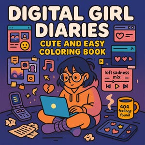Puede incluir: Ilustración para un libro para colorear titulado "Digital Girl Diaries: Cute and Easy Coloring Book". La imagen presenta a una chica de dibujos animados con gafas usando una computadora portátil, rodeada de iconos de medios digitales, un corazón roto y una taza con "404 feelings found."