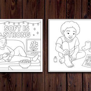 May include: Two black and white illustrations. One shows a person relaxing on a sofa with popcorn and a TV that says "SOFT IS STRONG". The other shows a person painting their toenails with the text "GLOW AT YOUR PACE".