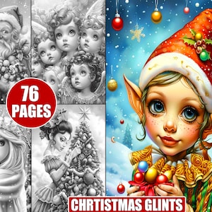 Könnte beinhalten: Ein Malbuch mit 76 Seiten mit Illustrationen von Weihnachtsfiguren. Das Cover zeigt einen niedlichen Elf mit spitzen Ohren, der einen rot-weißen Hut trägt und einen Beutel mit bunten Ornamenten hält. Der Hintergrund ist eine verschneite Winterlandschaft mit fallenden Schneeflocken.