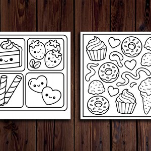 以下が含まれることがあります： 2つの白黒のデザートのイラスト。1つはケーキ、イチゴ、ウエハーススティック、ハート型のキャンディーが描かれています。もう1つはカップケーキ、ドーナツ、アイスクリーム、ハートが描かれています。