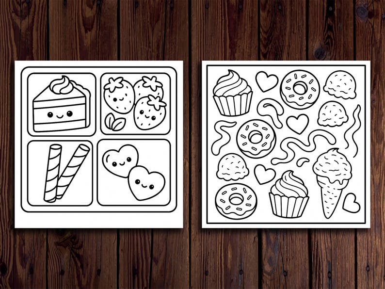 以下が含まれることがあります： 2つの白黒のデザートのイラスト。1つはケーキ、イチゴ、ウエハーススティック、ハート型のキャンディーが描かれています。もう1つはカップケーキ、ドーナツ、アイスクリーム、ハートが描かれています。