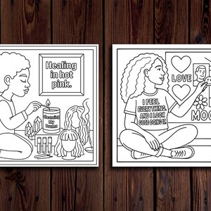 Puede incluir: Dos ilustraciones en blanco y negro sobre un fondo de madera. Una muestra a una persona encendiendo una vela con la etiqueta "Cleansing My Drama". La otra representa a una persona con el texto "I FEEL EVERYTHING AND I LOOK GOOD DOING IT" y s&iacute;mbolos de amor, estado de &aacute;nimo y un ex.