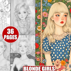 Blonde Girls - 36 Grayscale Coloring Pages of Elegant Female Portraits for Adults, Featuring Intricate Designs and Modern Beauty