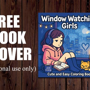 May include: A book cover with the title "Window Watching Girls" featuring an illustration of a girl with headphones, a book, and a cat. The cover also includes the text "Cute and Easy Coloring Book".