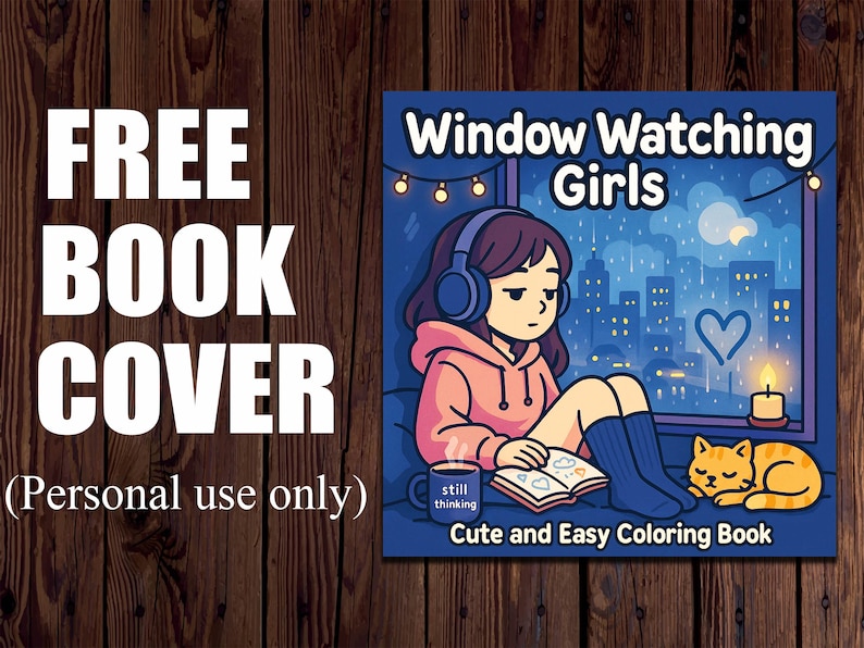 May include: A book cover with the title "Window Watching Girls" featuring an illustration of a girl with headphones, a book, and a cat. The cover also includes the text "Cute and Easy Coloring Book".