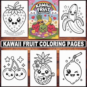 Dibujos de frutas kawaii para colorear / 20 diseños de frutas adorables y divertidos para niños y adultos / Libro imprimible de comida kawaii para colorear en PDF