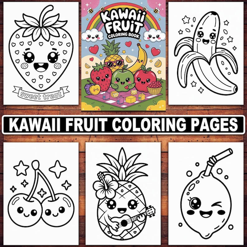 Puede incluir: Una colecci&oacute;n de p&aacute;ginas para colorear de frutas Kawaii. Las p&aacute;ginas presentan adorables fresas, pl&aacute;tanos, cerezas, pi&ntilde;as, manzanas y limones de dibujos animados. La portada del libro para colorear tiene un arco&iacute;ris y el texto "KAWAII FRUIT COLORING BOOK".