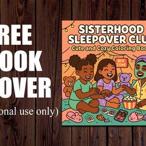 May include: A colourful illustration of a colouring book cover titled "Sisterhood Sleepover Club." The cover features three smiling girls in pyjamas, surrounded by teddy bears, popcorn, and face masks. Text on the left reads "FREE BOOK COVER."