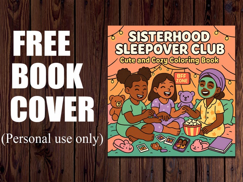 May include: A colourful illustration of a colouring book cover titled "Sisterhood Sleepover Club." The cover features three smiling girls in pyjamas, surrounded by teddy bears, popcorn, and face masks. Text on the left reads "FREE BOOK COVER."