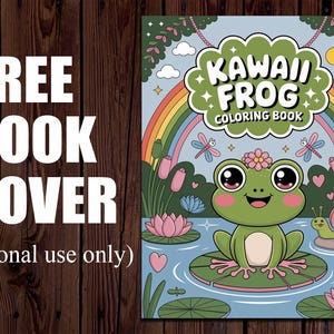 May include: A colorful coloring book cover with the text "KAWAII FROG COLORING BOOK" featuring a cute green frog with a flower crown, a rainbow, and a pond scene. The words "FREE BOOK COVER" are also displayed.