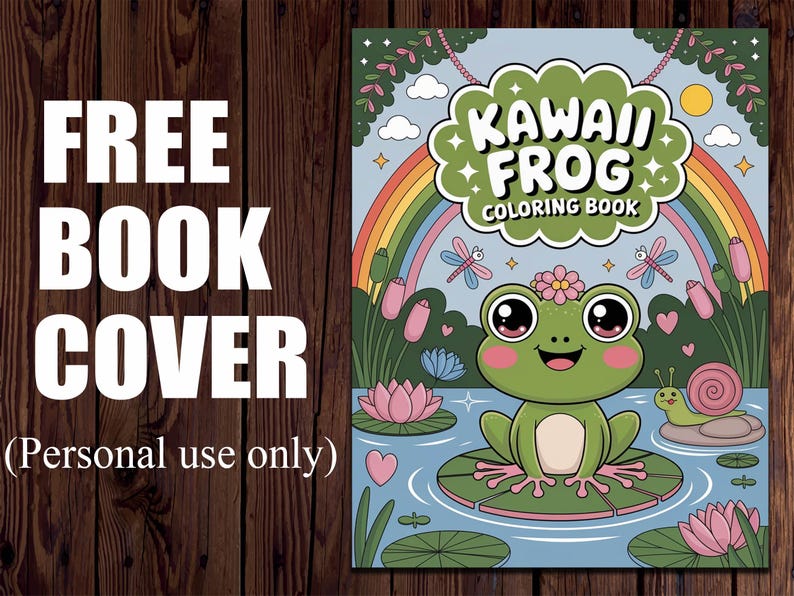May include: A colorful coloring book cover with the text "KAWAII FROG COLORING BOOK" featuring a cute green frog with a flower crown, a rainbow, and a pond scene. The words "FREE BOOK COVER" are also displayed.