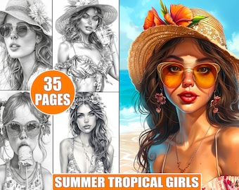 May include: A coloring book with 35 pages featuring illustrations of women in summery outfits. The cover features a woman with long brown hair wearing a straw hat, sunglasses, and a floral dress. The text "SUMMER TROPICAL GIRLS" is printed on the cover.