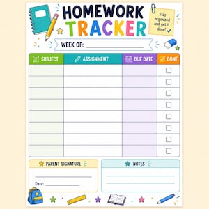 May include: A homework tracker printable sheet featuring the title HOMEWORK TRACKER in colorful letters. It includes columns for subject, assignment, due date, and a done checkbox. Graphics include a notebook, pencil, eraser, backpack, and ruler.