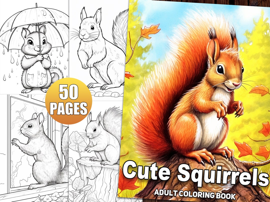Cute Squirrels Coloring Pages for Adults, Adorable Animal Coloring Book ...
