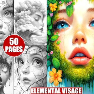 May include: A coloring book with 50 pages featuring illustrations of faces with nature elements. The cover shows a woman's face with green leaves and flowers growing over her skin. The title "Elemental Visage" is printed at the bottom of the cover.