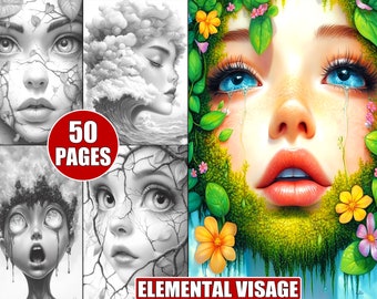 Surreal Faces & Landscapes Coloring Pages: Grayscale Art for Adults (Printable Digital Download