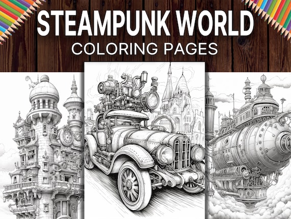 スチームパンクの世界の塗り絵50枚：ファンタジーアート（印刷可能な