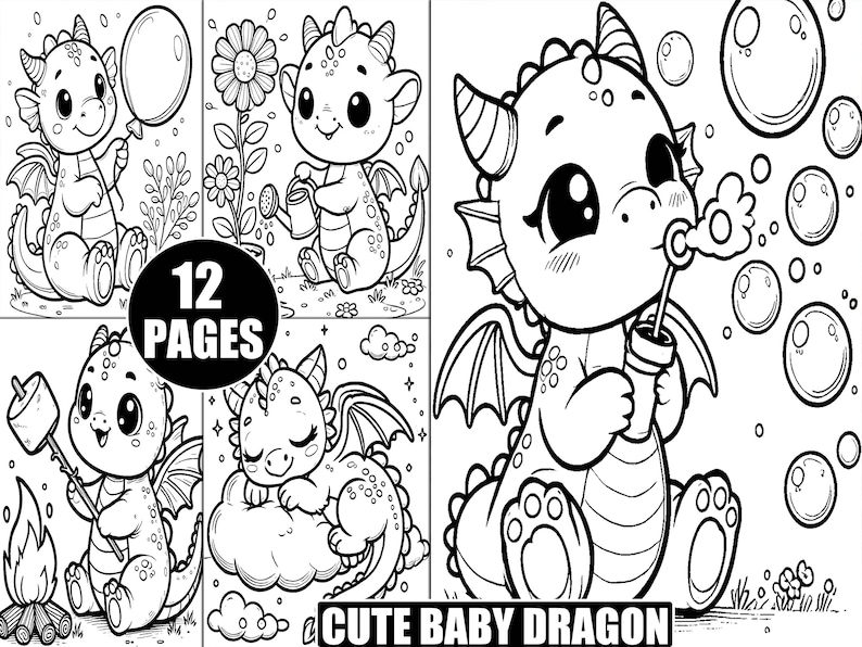 May include: Black and white line art of a coloring book with cute baby dragons. The cover shows several dragons with a balloon, watering a flower, blowing bubbles, roasting a marshmallow, and sleeping on a cloud. The text reads "12 PAGES" and "CUTE BABY DRAGON."