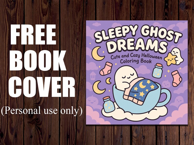 K&ouml;nnte beinhalten: Ein quadratisches Buchcover mit dem wei&szlig;en Text "FREE BOOK COVER". Das Cover-Artwork zeigt einen schlafenden Geist in einer Tasse, mit dem Titel "SLEEPY GHOST DREAMS" und dem Untertitel "Cute and Cozy Halloween Coloring Book".