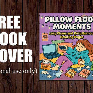 Op de afbeelding: Een boekomslag met de tekst "FREE BOOK COVER" en "(Personal use only)". De omslagkunst toont een cartoonillustratie van een persoon die ontspant op kussens met snacks, een laptop en de tekst "PILLOW FLOOR MOMENTS" en "Lazy Chaos and Cozy Burnout Coloring Pages".