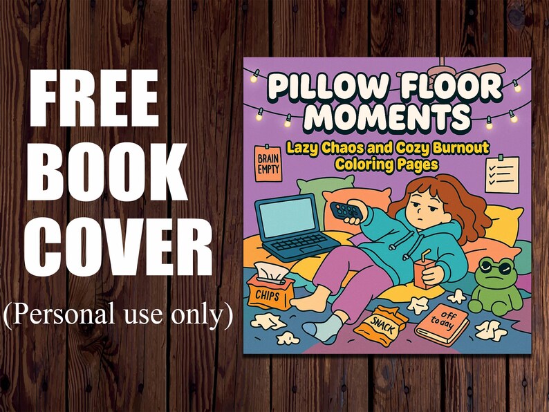Op de afbeelding: Een boekomslag met de tekst "FREE BOOK COVER" en "(Personal use only)". De omslagkunst toont een cartoonillustratie van een persoon die ontspant op kussens met snacks, een laptop en de tekst "PILLOW FLOOR MOMENTS" en "Lazy Chaos and Cozy Burnout Coloring Pages".