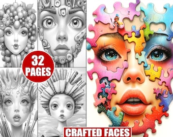Surreal Faces Coloring Pages: Grayscale Object Portraits (Printable Digital Download