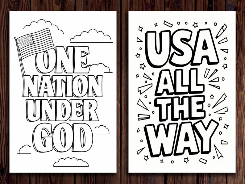 May include: Two black and white prints with patriotic themes. One features the text "ONE NATION UNDER GOD" with an American flag and clouds. The other says "USA ALL THE WAY" with stars and bursts.