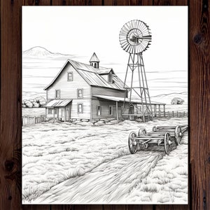 May include: A black and white drawing of a farmhouse with a windmill and a wagon in front of it. The farmhouse has a porch and a chimney. The windmill has blades that are turning. The wagon has wheels and a wooden frame.