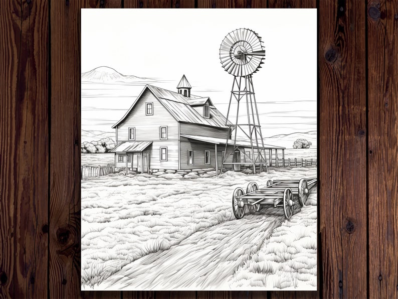 May include: A black and white drawing of a farmhouse with a windmill and a wagon in front of it. The farmhouse has a porch and a chimney. The windmill has blades that are turning. The wagon has wheels and a wooden frame.