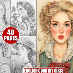 40 Printable English Country Girls Coloring Pages in Grayscale for Adults, Vintage Fashion and Pastoral Countryside Art