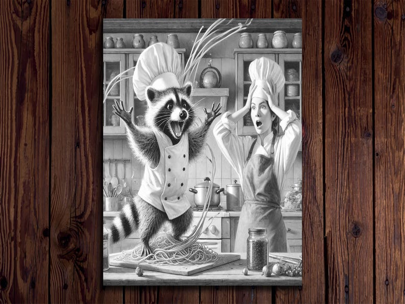 May include: A black and white illustration of a raccoon wearing a chef's hat and apron, standing in a kitchen with a pot of spaghetti. A woman in a chef's hat and apron is standing behind the raccoon, looking shocked.