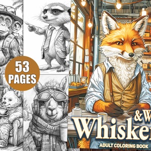 May include: A colouring book cover featuring a fox wearing a waistcoat and sitting at a table. The title of the book is "Whiskers & Widgets" and the subtitle is "Adult Colouring Book". The book contains 53 pages.