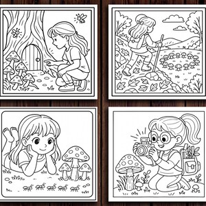May include: Four black and white illustrations of children in a forest setting. One shows a girl pointing at a mushroom, another shows a girl hiking, a third shows a girl looking at ants, and the last shows a girl taking a photo.