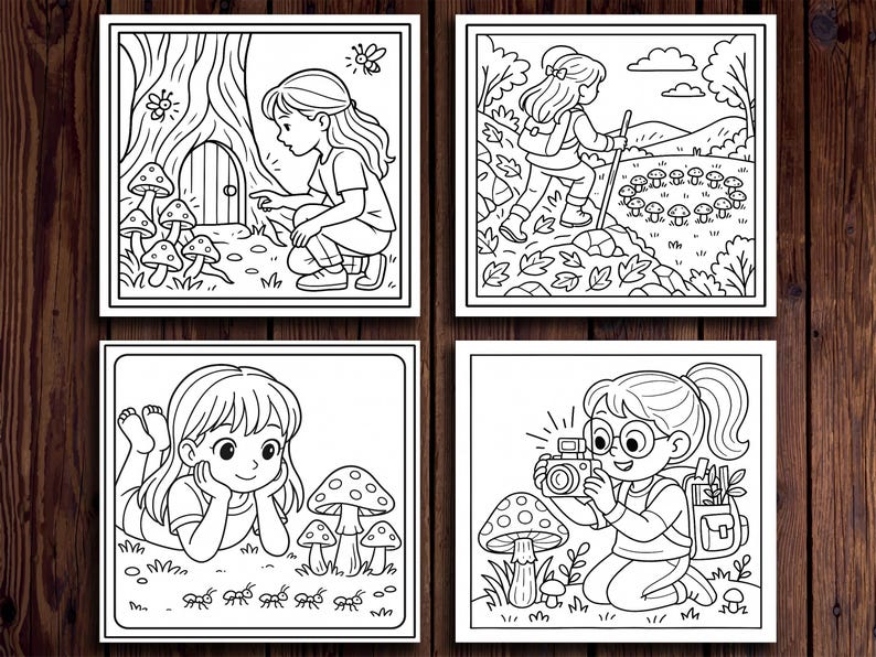 May include: Four black and white illustrations of children in a forest setting. One shows a girl pointing at a mushroom, another shows a girl hiking, a third shows a girl looking at ants, and the last shows a girl taking a photo.