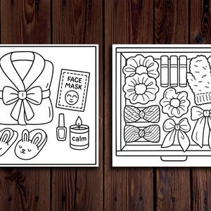 K&ouml;nnte beinhalten: Schwarz-Wei&szlig;-Illustration von Self-Care-Artikeln. Enth&auml;lt einen Bademantel, eine Gesichtsmaske, Nagellack, eine Kerze, H&auml;schen-Hausschuhe, Scrunchies, Lippenstifte, Schleifen und F&auml;ustlinge. Die Kerze tr&auml;gt das Wort "calm".