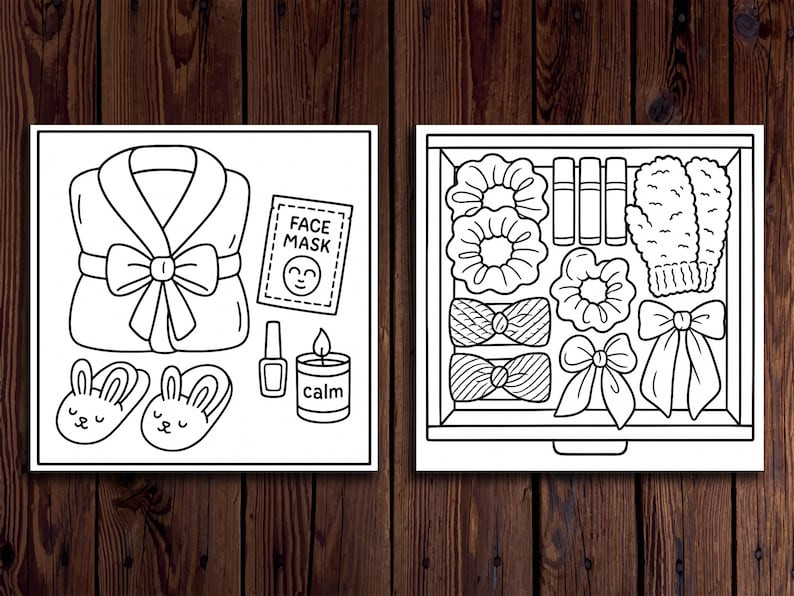 K&ouml;nnte beinhalten: Schwarz-Wei&szlig;-Illustration von Self-Care-Artikeln. Enth&auml;lt einen Bademantel, eine Gesichtsmaske, Nagellack, eine Kerze, H&auml;schen-Hausschuhe, Scrunchies, Lippenstifte, Schleifen und F&auml;ustlinge. Die Kerze tr&auml;gt das Wort "calm".