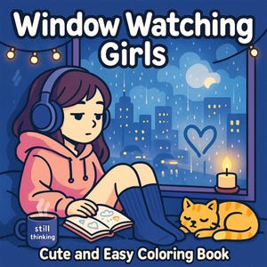 May include: A coloring book cover with the title "Window Watching Girls" above an illustration of a girl wearing headphones, sitting by a window. The image includes a cat, a mug, and the text "Cute and Easy Coloring Book".