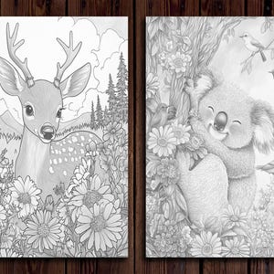 May include: A black and white colouring page featuring a deer standing in a field of flowers. The deer has large antlers and is looking directly at the viewer. The flowers are in full bloom and there are trees in the background.