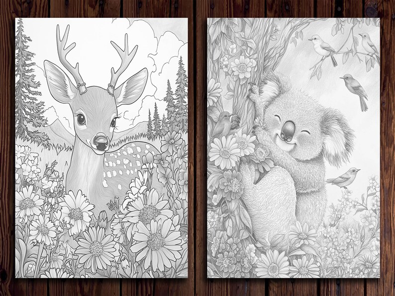 May include: A black and white colouring page featuring a deer standing in a field of flowers. The deer has large antlers and is looking directly at the viewer. The flowers are in full bloom and there are trees in the background.