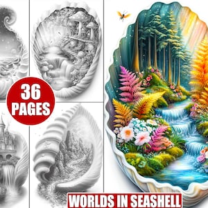 Puede incluir: Un libro para colorear con 36 páginas que presenta diferentes mundos dentro de conchas marinas. La portada muestra una concha marina colorida con un bosque, una cascada y flores en su interior.