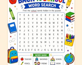 May include: A Back to School word search puzzle sheet featuring a grid of letters, a word bank with illustrations of a teacher, pencil, backpack, friend, school, and book, and colorful cartoon icons of an apple, pencil, books, and a globe.