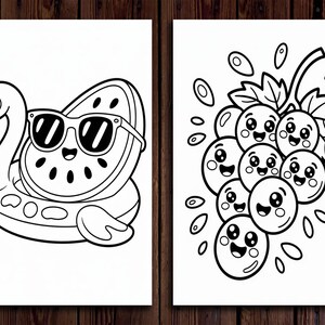 Puede incluir: Ilustraciones en blanco y negro sobre papel blanco. Una presenta un flotador de flamenco con una rodaja de sand&iacute;a con gafas de sol. La otra representa un racimo de uvas con caras sonrientes y hojas.