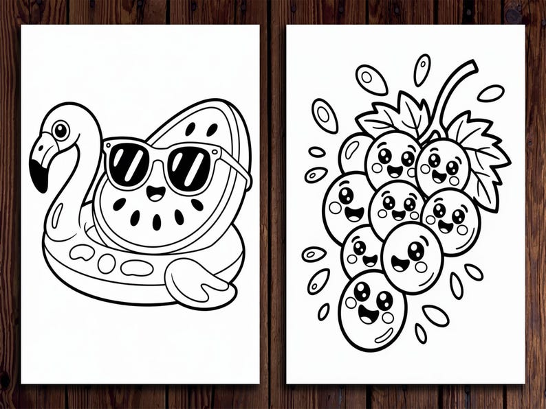 Puede incluir: Ilustraciones en blanco y negro sobre papel blanco. Una presenta un flotador de flamenco con una rodaja de sand&iacute;a con gafas de sol. La otra representa un racimo de uvas con caras sonrientes y hojas.