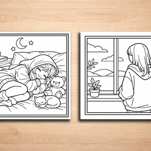 K&ouml;nnte beinhalten: Zwei Schwarz-Wei&szlig;-Illustrationen. Die erste zeigt eine Person, die in einem Kapuzenpullover mit einem Teddyb&auml;ren und einer Katze schl&auml;ft. Die zweite zeigt eine Person, die aus einem Fenster auf eine Landschaft blickt.