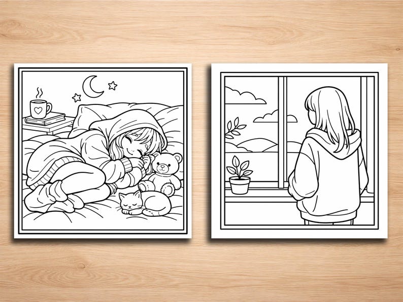 K&ouml;nnte beinhalten: Zwei Schwarz-Wei&szlig;-Illustrationen. Die erste zeigt eine Person, die in einem Kapuzenpullover mit einem Teddyb&auml;ren und einer Katze schl&auml;ft. Die zweite zeigt eine Person, die aus einem Fenster auf eine Landschaft blickt.