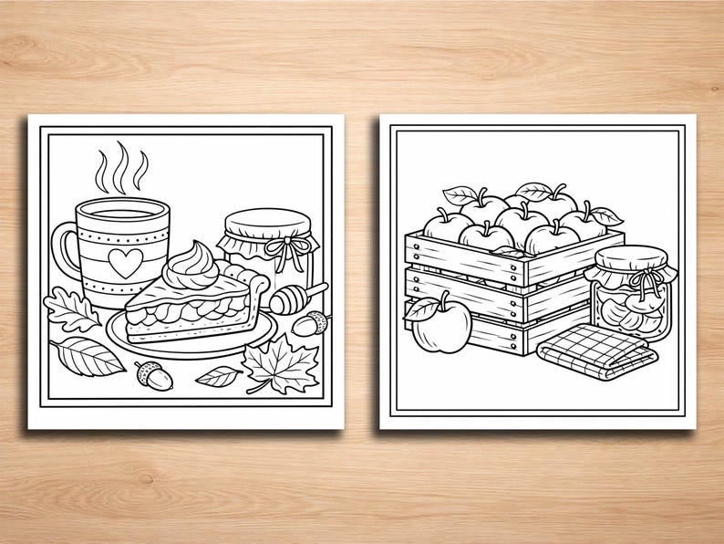 May include: Two black and white drawings of fall-themed items. One shows a mug, pie, jar of honey, and leaves. The other depicts a wooden crate filled with apples, a jar of preserves, and a checkered cloth.
