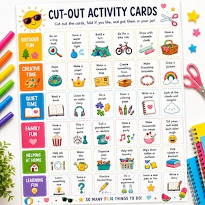 Pode incluir: Uma folha de cartões de atividades coloridos com várias tarefas divertidas, incluindo atividades ao ar livre, criativas, tranquilas, familiares, de ajuda em casa e de aprendizagem. A folha apresenta ilustrações e indicações de texto para cada atividade.