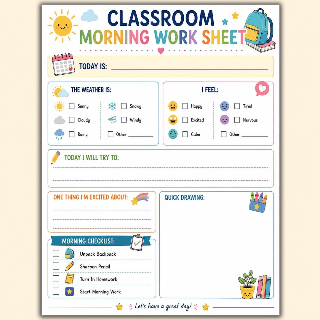 Classroom Morning Work Sheet Printable | Daily Check in Worksheet ...