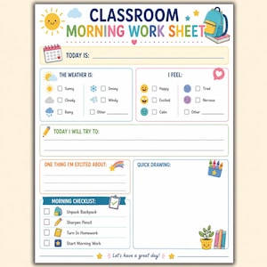Könnte beinhalten: Ein Arbeitsblatt für den Morgen im Klassenzimmer mit Abschnitten für Datum, Wetter, Gefühle, Ziele und eine Checkliste. Die Seite enthält bunte Illustrationen von Sonne, Rucksack, Bleistift, Buntstiften und einer Topfpflanze mit Textaufforderungen.